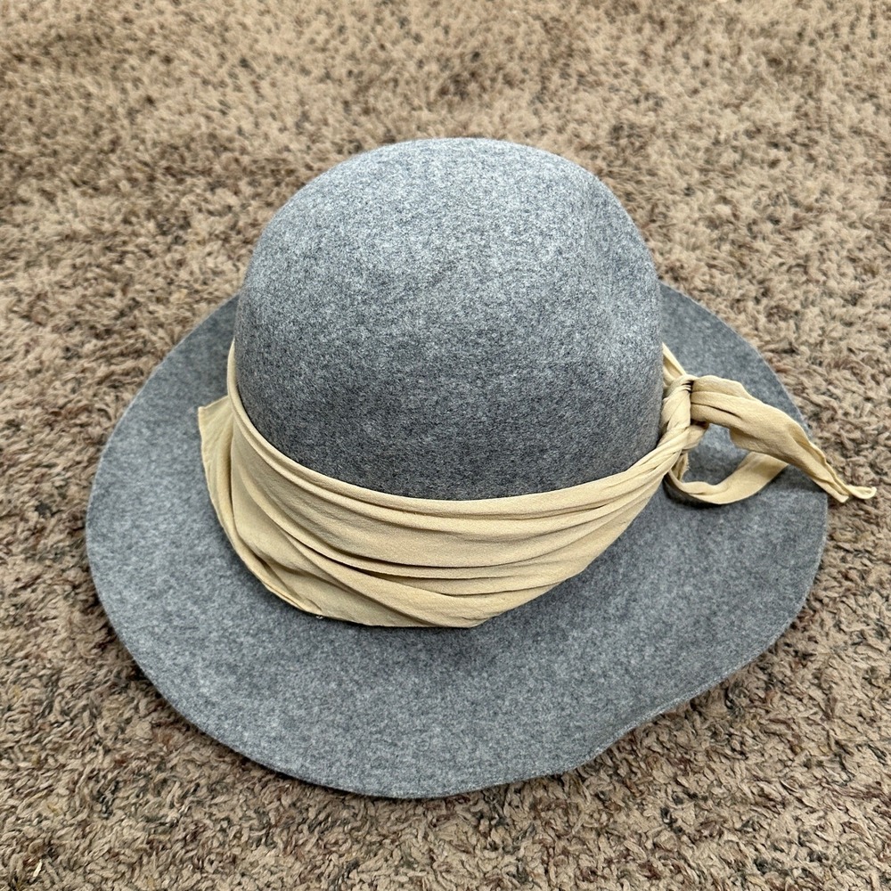 Astre Womens 100% Wool Wide Brim Fedora Hat Gray with‎ Cream Scarf Band Vintage